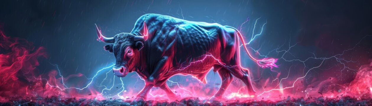A digital art representation of a bull glowing with neon lights and lightning effects