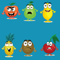 Wall Mural - Funny fruits cartoon characters set in different facial expression on blue background.