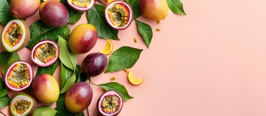Aufkleber - Leaves and bunches of passion fruit Isolated on pastel background. with copy space image. Place for adding text or design