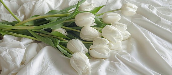 Aufkleber - A bouquet of white tulips lies on a white bed. A bouquet of tulips is packed in craft paper and lies on the bed, vertical photo. with copy space image. Place for adding text or design