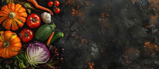 Aufkleber - Creative layout made of pumpkin, carrot, tomato, onion and cabbage, zucchini, aubergine and garlic. Flat lay. Food concept. Copy space image. Place for adding text or design