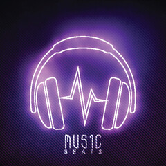 Sticker - Music Beats Poster Design with Neon Lights Headphone on Blue Stripe Pattern Background.