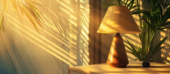 a wooden lamp standing in an office being reflected bu sun rays. with copy space image. place for ad