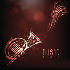 Poster - Music Beats Poster Design with Tuba Trumpet Instrument in Light Effect on Brown Abstract Background.