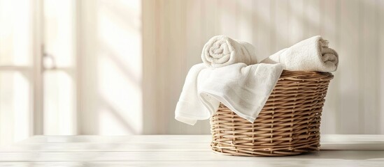 Wall Mural - Wicker basket with rolled towels on white wooden table in bathroom. Space for text. with copy space image. Place for adding text or design
