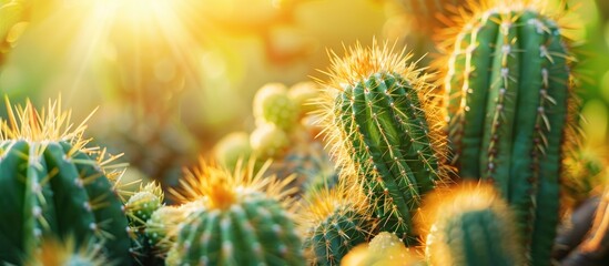 Wall Mural - cactus, a variety of varieties of cactus, cactus in the rays of the sun. with copy space image. Place for adding text or design