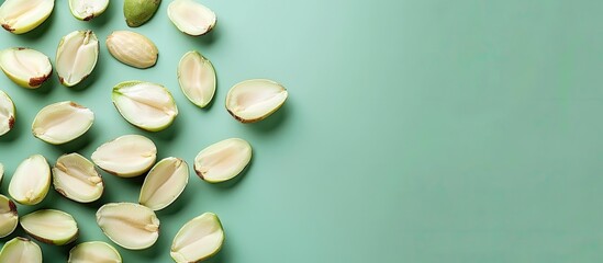 Leinwandbilder - Half Cut Green Almonds with Seeds / Cagla Badem. pastel background. with copy space image. Place for adding text or design