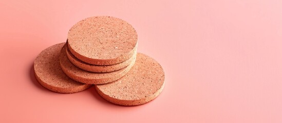 Canvas Print - Mockup of empty blank beer drink cork coasters in studio environment on bright pastel background. with copy space image. Place for adding text or design