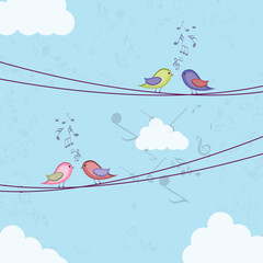 Sticker - Illustration of Two Lovebirds Singing Songs on String  and Blue Music Notes Background.