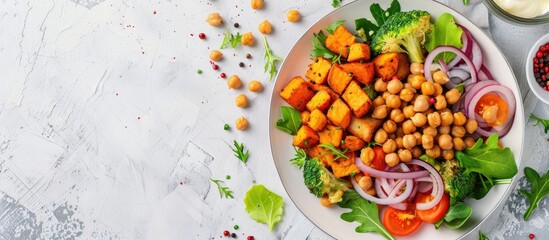 Wall Mural - Vegan lunch plate: vegetable salad, fried chickpeas and baked sweet potato with healthy bread. Healthy plant-based diet concept. Copy space image. Place for adding text or design
