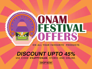 Wall Mural - onam festival sale poster design with sticker style kathakali dancer face on orange and red rays bac