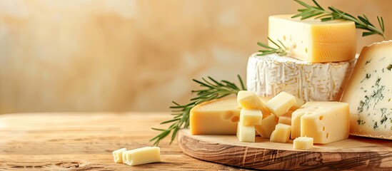 Poster - edam parmesan and brie cheese on wooden platter over wooden table pastel background. with copy space image. Place for adding text or design