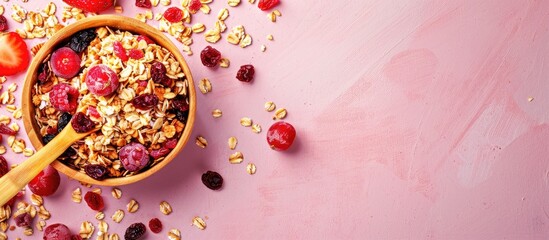 Poster - Muesli cereals close up with raisins, oat and wheat flakes, fruits, strawberry, cranberry, cherry pieces. isolated on pastel background. In wooden spoon. with copy space image