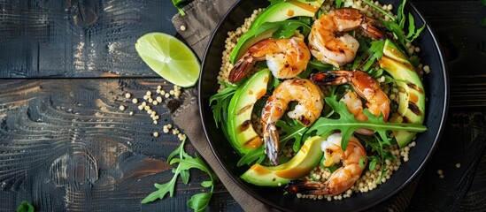 Poster - Food dieting concept. Couscous salad with arugula, avocado and grilled shrimps on rustic wooden table. Top view flat lay. Copy space image. Place for adding text or design