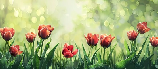 Poster - Red tulips in green garden pastel background  Flower. with copy space image. Place for adding text or design