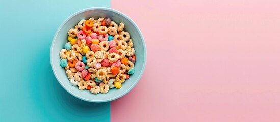 Aufkleber - Delicious and healthy cereal in bowl with milk isolated on pastel background. with copy space image. Place for adding text or design