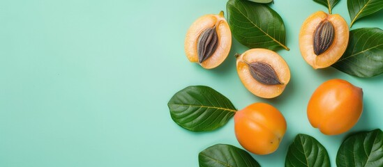 Poster - Loquat fruit cut halfandhalf with a stone and whole with leaves isolated on a pastel background. with copy space image. Place for adding text or design