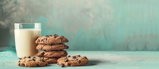 Group of homemade Chocolatechip cookies on the cement table with glass of milk. pastel background. with copy space image. Place for adding text or design