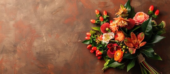 Fototapete - bouquet of bright flowers on the brown table. with copy space image. Place for adding text or design