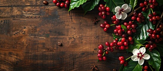 Aufkleber - Coffee beans with real coffee fruits, flowers and leaves on wooden table close up. Red coffee beans and flower on a branch of coffee tree. Copy space image. Place for adding text or design
