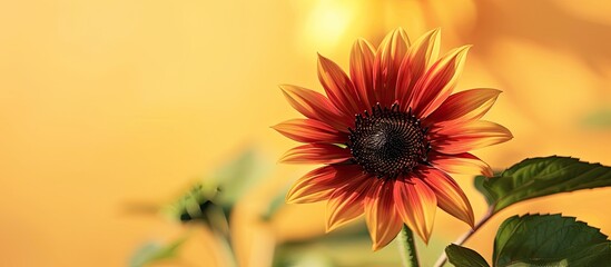 Poster - Beautiful and fresh blooming little red sunflower (Helianthus) isolated on pastel background space background. with copy space image. Place for adding text or design