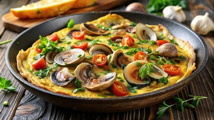 Wall Mural - Close-up of a delicious Oyster omelet meal, Oyster, omelet, tasty, seafood, egg, traditional, Asian cuisine, savory
