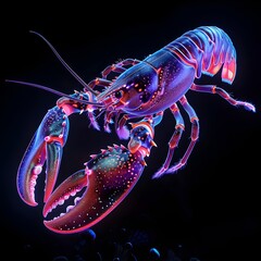 Wall Mural - Neon Glowing Lobster Isolated on Black Background with Copy Space
