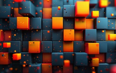 Wall Mural - A colorful background of orange and black squares. The squares are arranged in a way that creates a sense of depth and texture. Scene is vibrant and dynamic