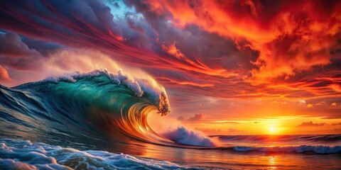 Wall Mural - Painting of a wave at sunset with a red mottled sky, wave, sunset, painting, red, mottled sky, nature, seascape, ocean