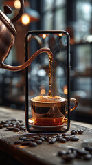 Closeup of handmade coffee pouring from coffee pot into cup, with phone on table