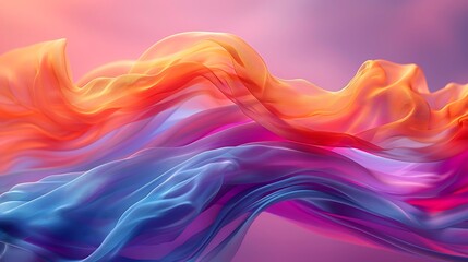Wall Mural - A vibrant depiction of wave patterns created by colorful silk ribbons in the wind. The ribbons flow elegantly, forming dynamic wave-like shapes, with bright colors against a soft, blurred background