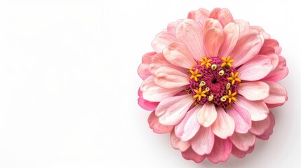 Wall Mural - Blooming pink zinnia bud on white background from top view ideal for holiday postcard or calendar
