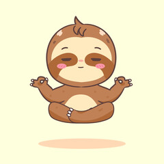 Wall Mural - Cute Sloth Yoga Meditation Cartoon Character. Adorable and Kawaii Animal Concept Design. Icon Mascot Vector Illustration