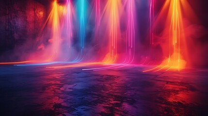 Wall Mural - A vibrant design of sinusoidal neon lights on a dark, empty stage, giving a sense of drama. The neon lights flow in smooth, wave-like patterns, casting vibrant glows and creating an intense