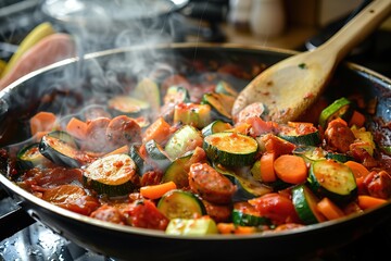 Steaming grilled vegetables, carrot, green bean, broccoli, pepper dish. Sizzling hot plate of stir fry colorful veggie mix. Frying pan with healthy food meal. Ratatouille with smoke steam preparation