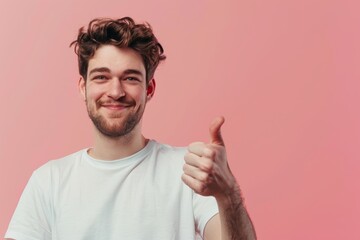 Wall Mural - Portrait of a blissful man in his 20s showing a thumb up over solid color backdrop