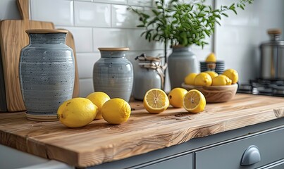 Wall Mural - In a modern kitchen, a wooden countertop is adorned with fresh lemons and jars.