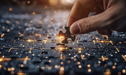 Hand connecting digital puzzle pieces, concept of system integration and software technology