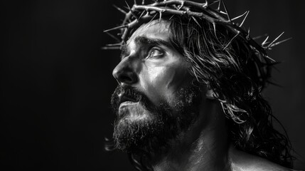 Wall Mural - Christ wearing a crown of thorns on his head. Photorealistic portrait. Close-up.