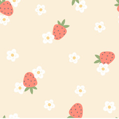 Wall Mural - Blooming strawberry seamless vector pattern with berry and flowers in simple hand drawn cartoon kawaii style. Pastel palette, cute beige unisex background. Ideal for printing baby textiles, clothes