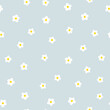 © Світлана Харчук - Daisy floral seamless vector pattern with daisies in simple hand drawn cartoon kawaii style. Pastel palette, cute soft blue background. Ideal for printing baby textiles, clothes, packaging.