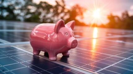 A pink piggy bank is sitting on a solar panel