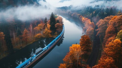 Wall Mural - A train is traveling down a track next to a body of calm river water