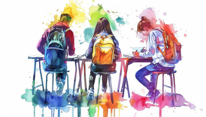 Wall Mural - Three students sitting at a table with backpacks and writing