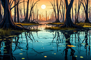 A swamp with twisted trees and glowing eyes in the water vector art illustration image.
