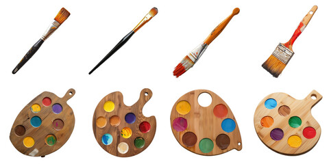 Paintbrush and pallete png isolated object set transparent background for all purpose.