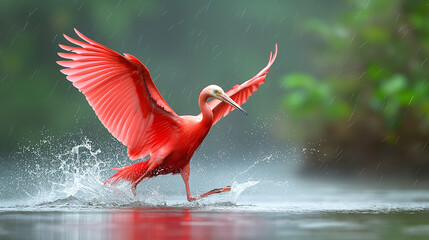  Scarlet Ibis skimming over water on a rainy day. Generative AI	