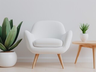 minimalist living room interior design with white armchair and wooden coffee table.