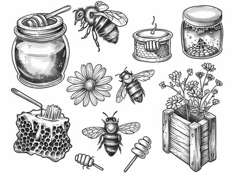 An illustration of honey production and items associated with apiaries, isolated on a white background.