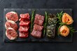 © D - Gourmet Selection of Meat and Fish Cuts with Fresh Herbs on Slate Board for Culinary Presentation and Menu Design
